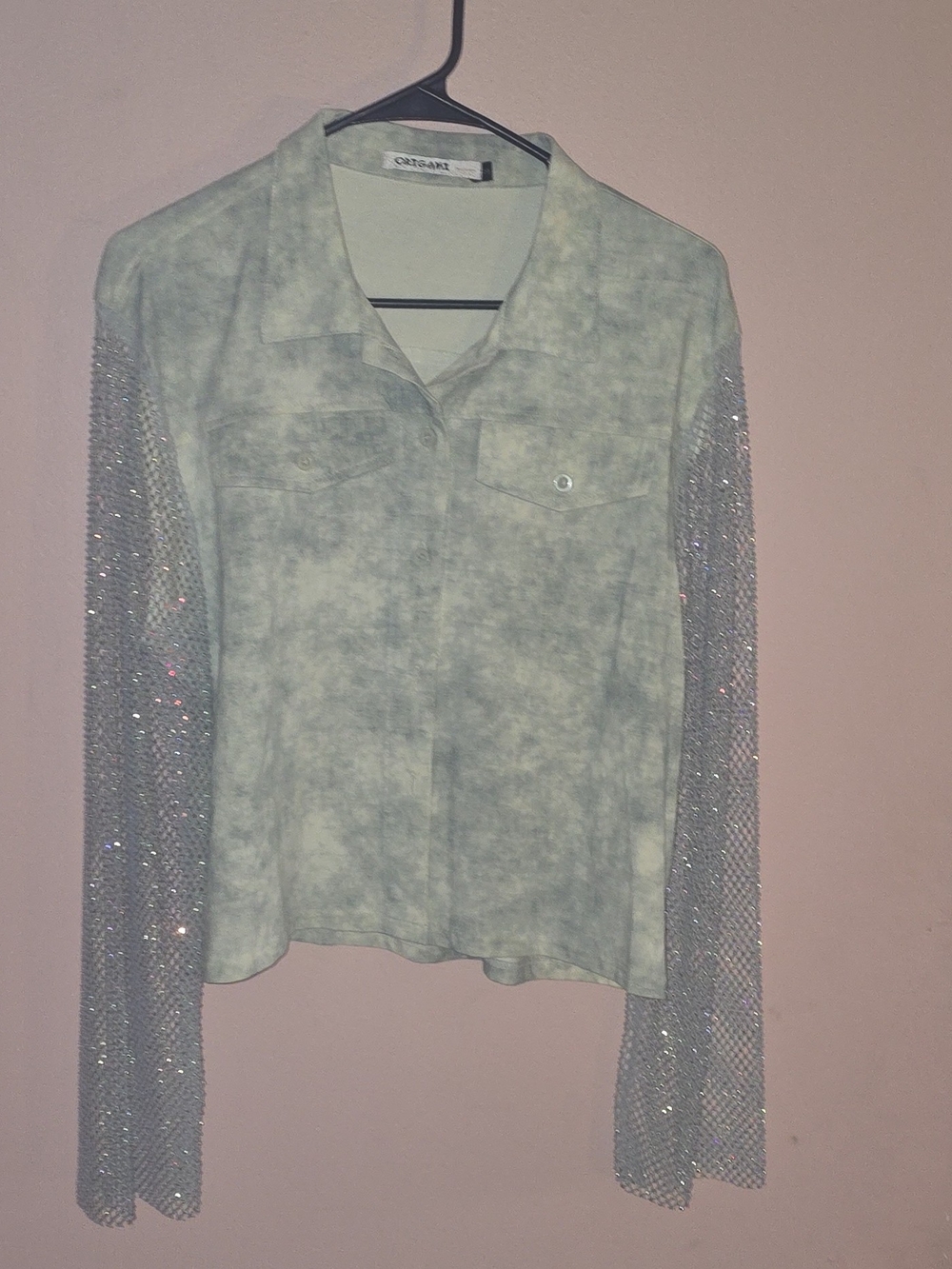 NWOT-Origami TieDye Collared Button Up Shirt Rhinestone Mesh Sleeves Blue S